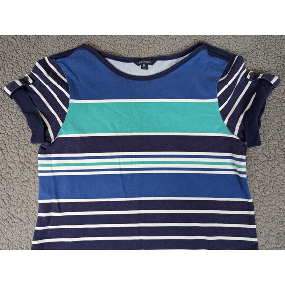 Lands End Shirt Dress M Blue Striped Short Roll Tab Sleeve Stretch Pockets! - Picture 9 of 13